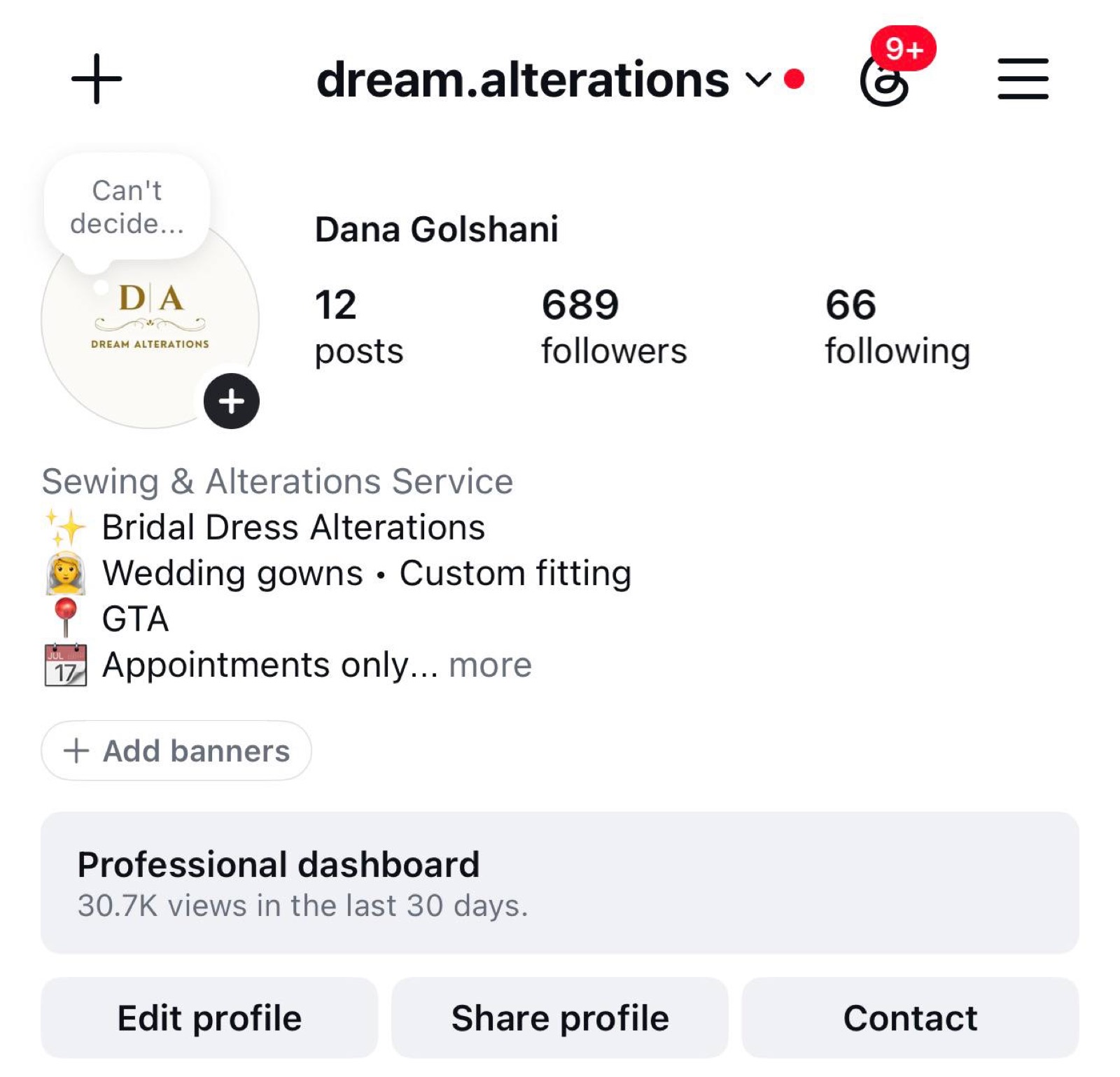 Instagram profile for dream.alterations showing 12 posts, 689 followers, 30.7K views in 30 days
