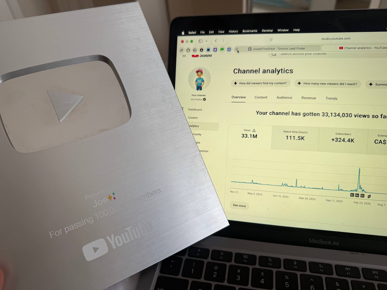 YouTube silver play button next to channel analytics showing 33,134,030 lifetime views