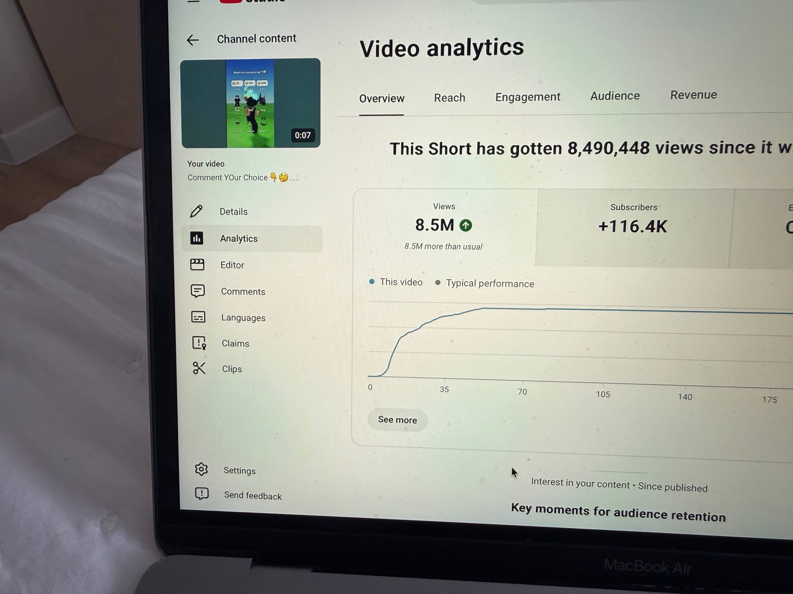 Video analytics for one Short showing 8,490,448 views and 116,400 subscribers gained