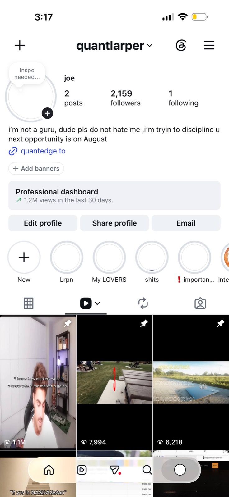 Instagram profile for quantlarper showing 2 posts, 2,159 followers and 1.2M views in 30 days