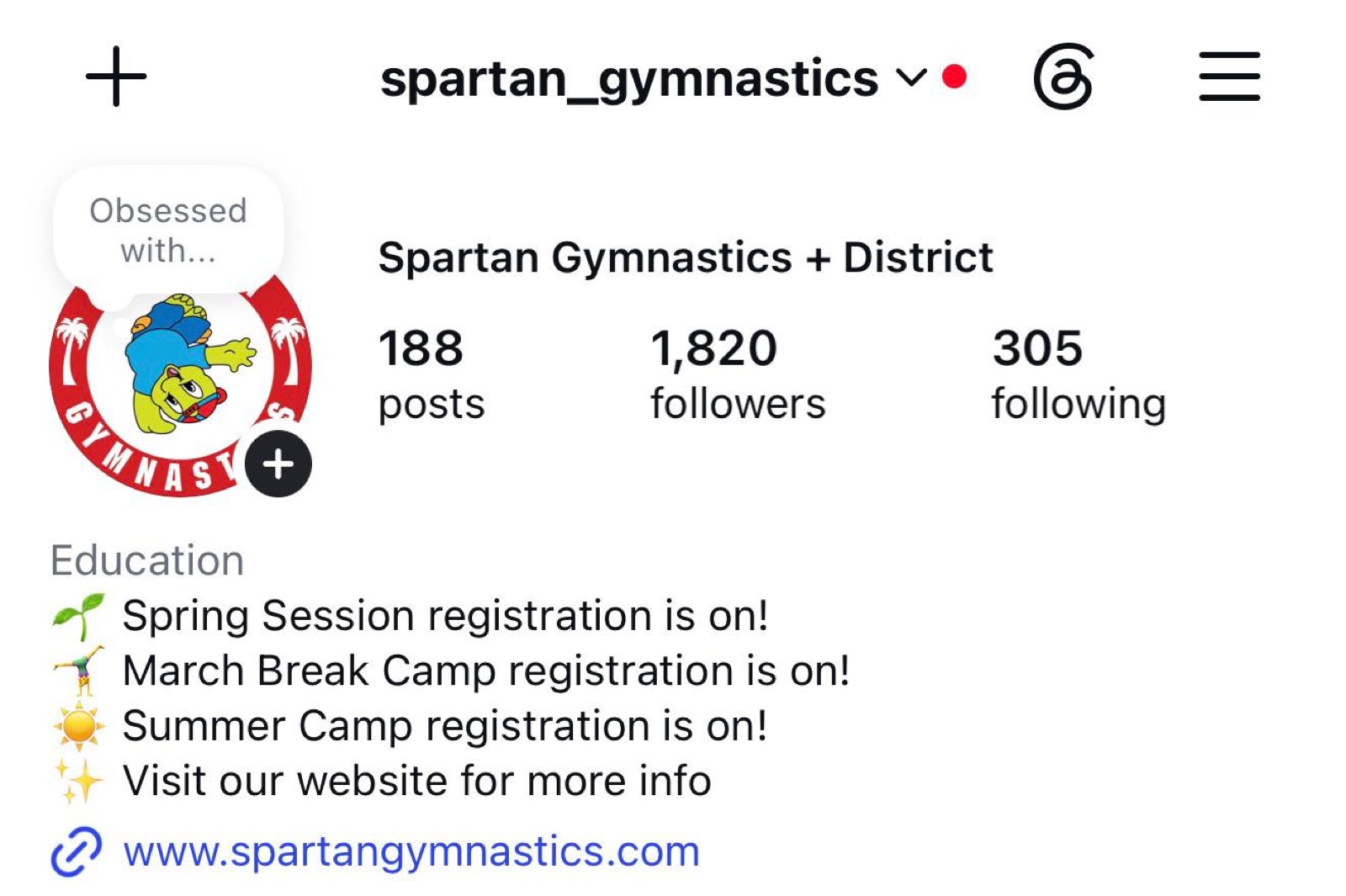 Instagram profile for spartan_gymnastics showing 1,820 followers