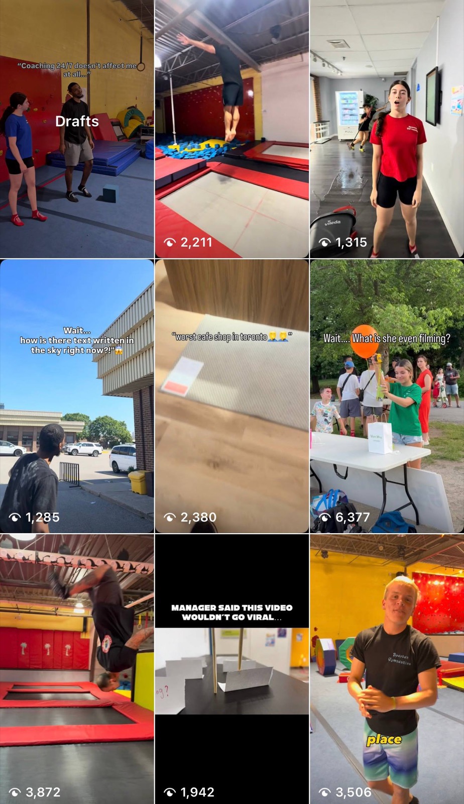 Instagram content grid for spartan_gymnastics showing surreal hook captions and view counts